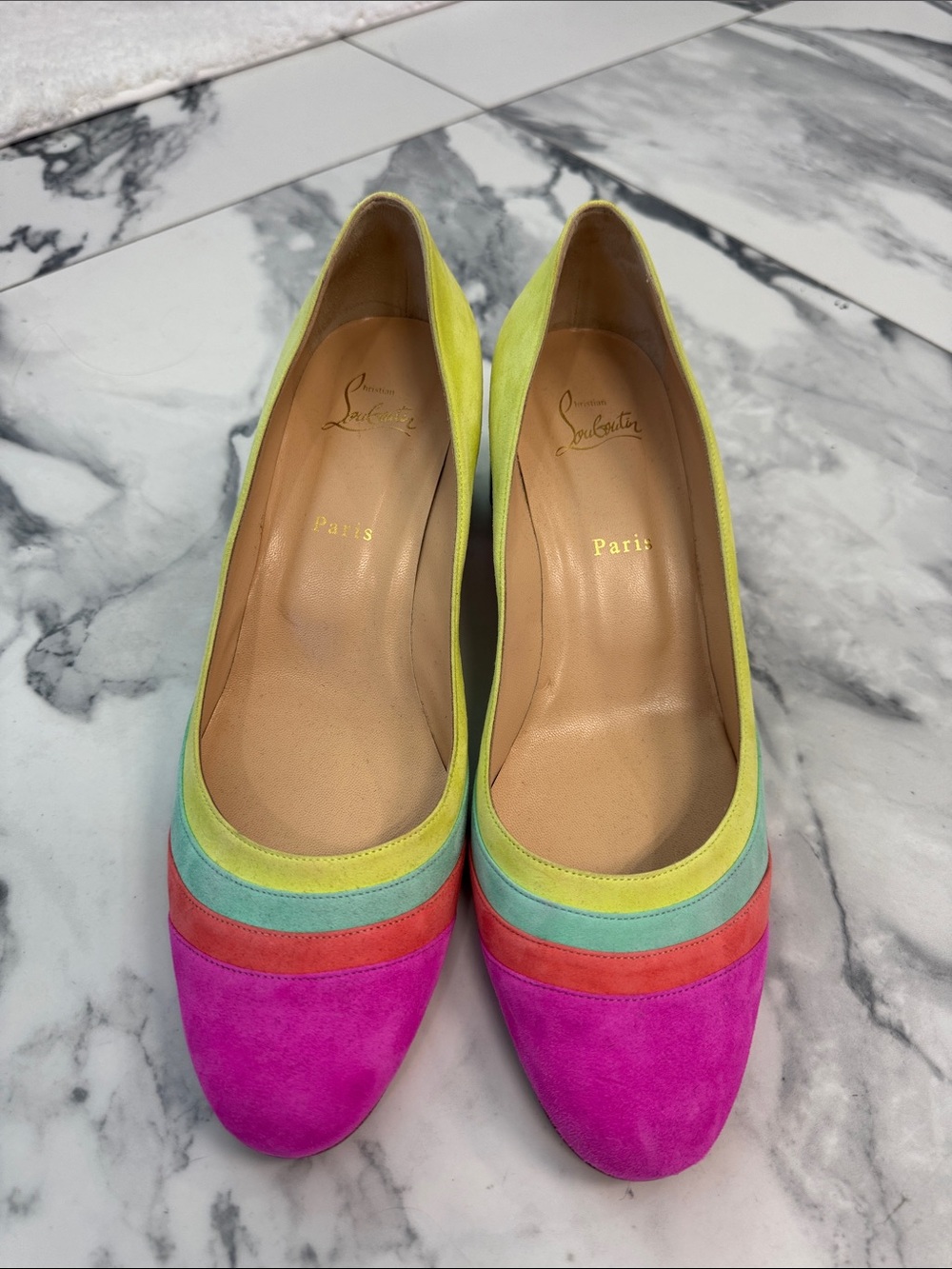 NEVER WORN Christian Louboutin Multicolor Suede Block Heel Pumps - Picture 2 of 5